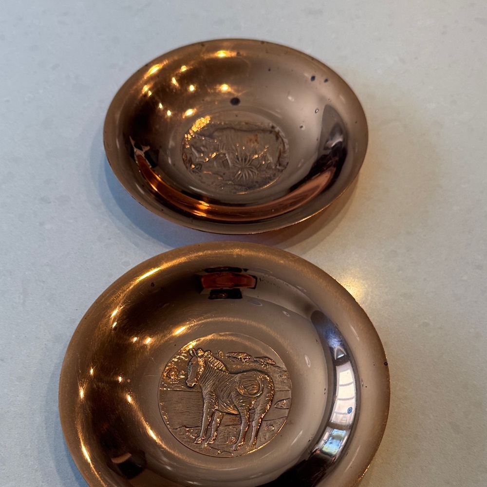 Elegant Copper Pooja  Thai plates  Trinket Dishes zebra rhino. Vintage